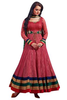 Red embroidered georgette unstitched salwar with dupatta 1