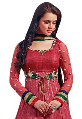 Red embroidered georgette unstitched salwar with dupatta 2