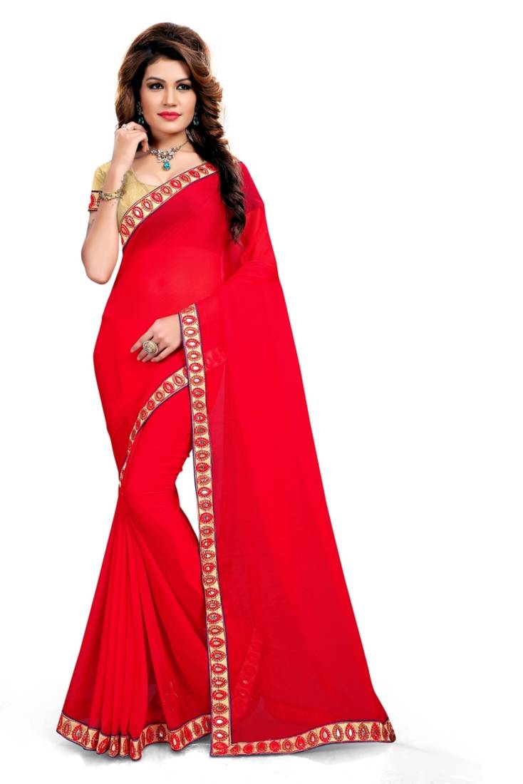 Red embroidered nazneen saree with blouse