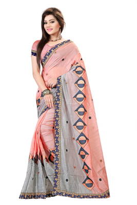 Pink embroidered cotton saree with blouse 1