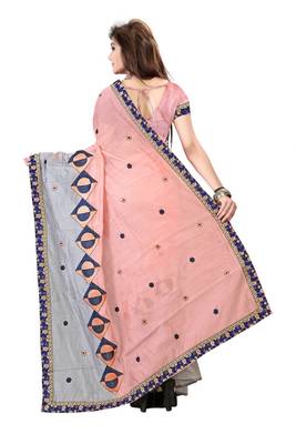 Pink embroidered cotton saree with blouse 3