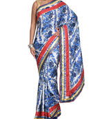 White and blue flourt printed saree satin silk saree
