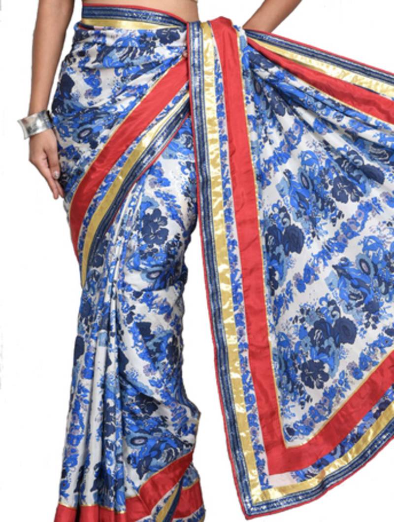 White and blue flourt printed saree satin silk saree