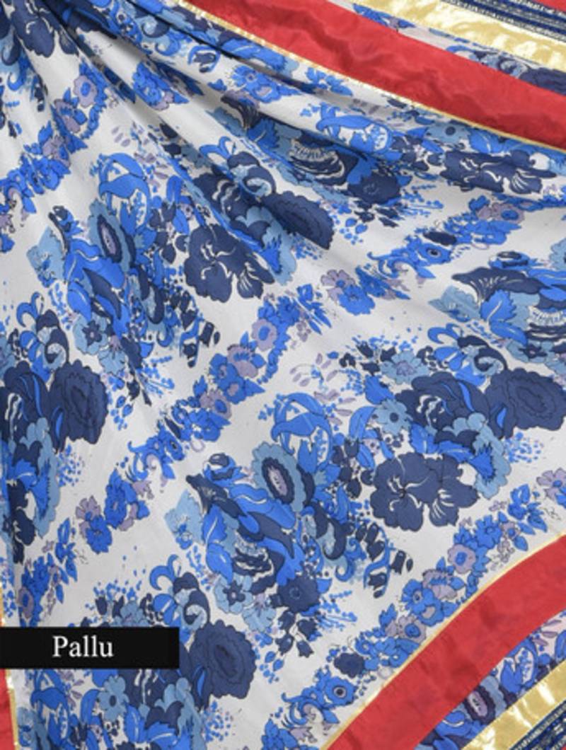 White and blue flourt printed saree satin silk saree