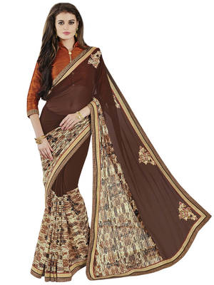 Brown embroidered georgette saree with blouse 1