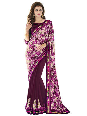 Purple embroidered georgette saree with blouse 1