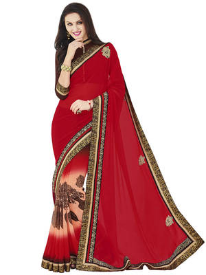 Red embroidered georgette saree with blouse 1