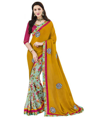 Yellow embroidered georgette saree with blouse 1