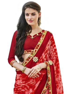 Red embroidered georgette saree with blouse 2