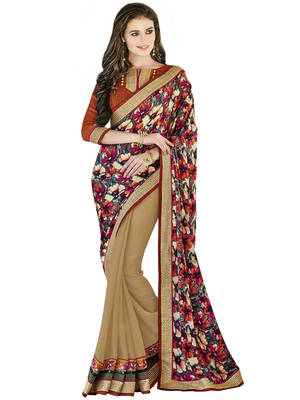 Beige embroidered georgette saree with blouse 1
