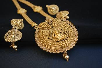 Beautiful Long Gold Plated Temple Jewellery with Goddess Laxmi  1
