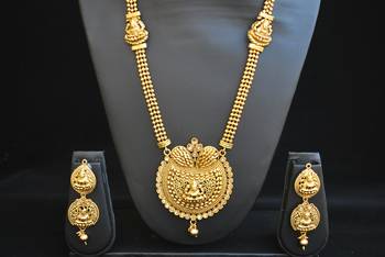 Beautiful Long Gold Plated Temple Jewellery with Goddess Laxmi  2