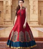 Red embrodered and printed bhagalpuri semi stitched party wear gown