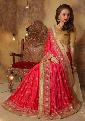 Pink embroidered art silk saree with blouse 1