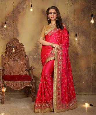 Pink embroidered art silk saree with blouse 2