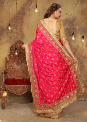 Pink embroidered art silk saree with blouse 3