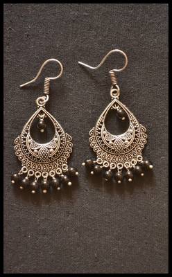 Oxidized Royal Silver Detailed Carved Dangler Earrings 3