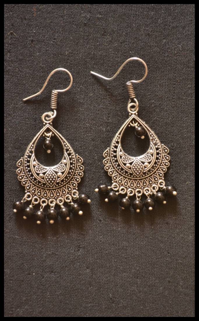 Oxidized Royal Silver Detailed Carved Dangler Earrings