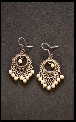 Oxidized Royal Silver Detailed Carved Dangler Earrings 2