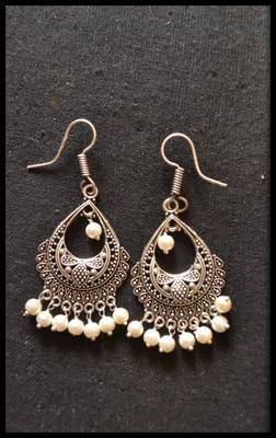 Oxidized Royal Silver Detailed Carved Dangler Earrings 1