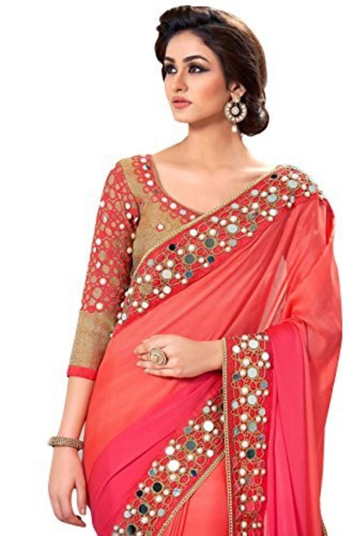 Light Pink embroidered mirror work saree with blouse Fashion Diwani