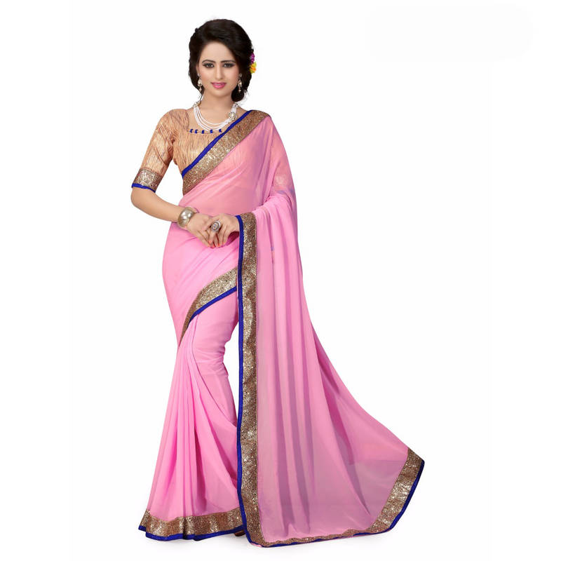 Snuggle Spot Women's Georgette Plain Saree With Blouse (Pink, 5-6 Mtrs) main image 0