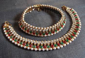 Double line Multi color Kundan Anklets 1