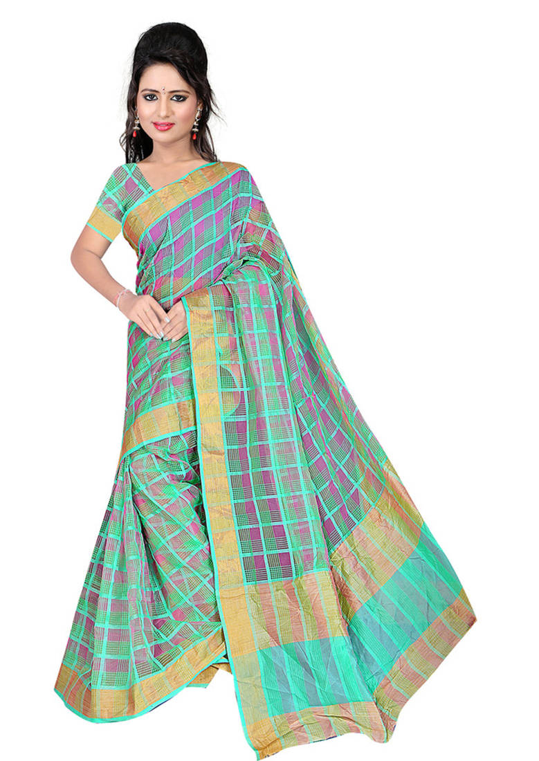 Green plain cotton silk saree with blouse