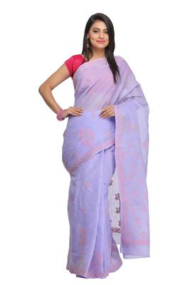 Purple Embroidered Cotton Saree With Blouse 1