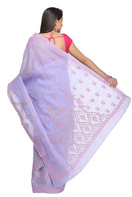 Purple Embroidered Cotton Saree With Blouse 2