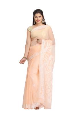 ADA Pink Hand Embroidered Lucknow Chikankari Women Georgette Saree With Blouse - A130213 1