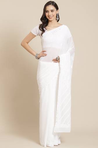 ADA White Hand Embroidered Lucknow Chikankari Women Georgette Saree With Blouse - A129607