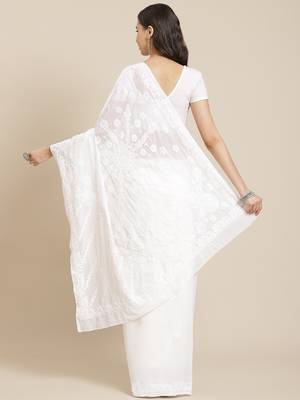 ADA White Hand Embroidered Lucknow Chikankari Women Georgette Saree With Blouse - A129607 2