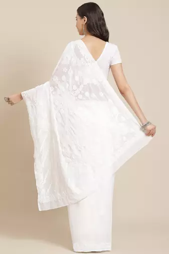 ADA White Hand Embroidered Lucknow Chikankari Women Georgette Saree With Blouse - A129607