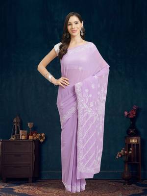 Mauve Hand Embroidered Georgette Lucknowi Chikankari Women Saree With Blouse 1