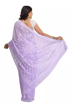 Mauve Hand Embroidered Georgette Lucknowi Chikankari Women Saree With Blouse