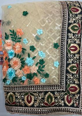 off white Embroidered net saree with blouse 2