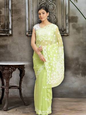Green Hand Embroidered Georgette Lucknowi Chikankari Women Saree With Blouse 1