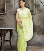 Green Hand Embroidered Georgette Lucknowi Chikankari Women Saree With Blouse