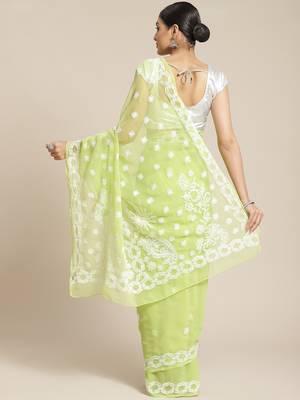 Green Hand Embroidered Georgette Lucknowi Chikankari Women Saree With Blouse 2