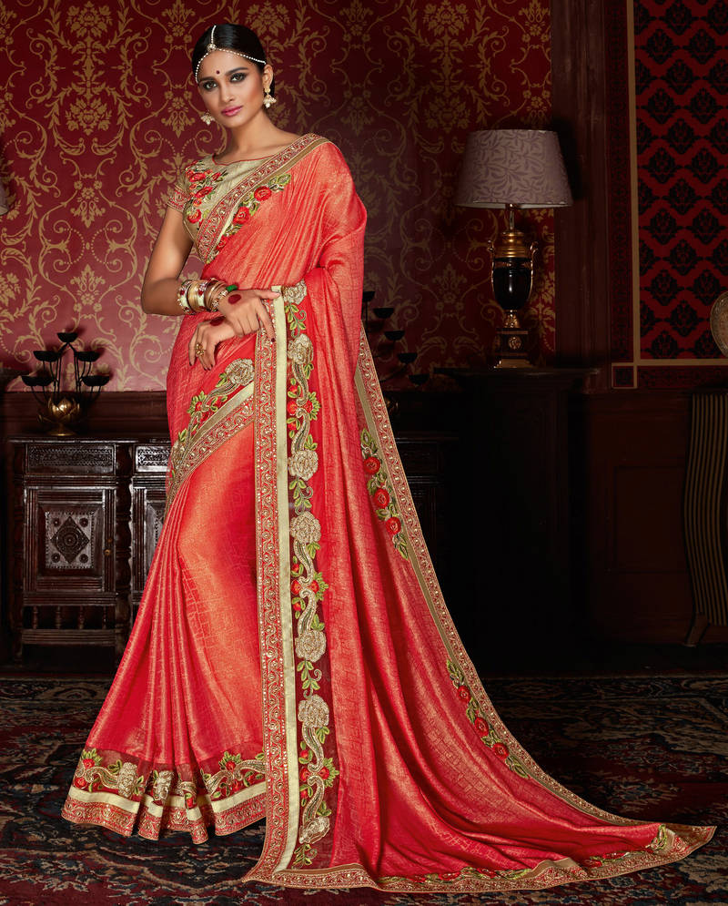 Salmon embroidered saree with blouse Rudra Couture 1705115