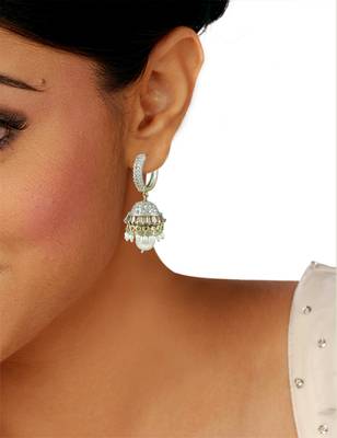 Golden Beige CZ AD American Diamond Jhumki Earrings Jewellery for Women - Orniza 2