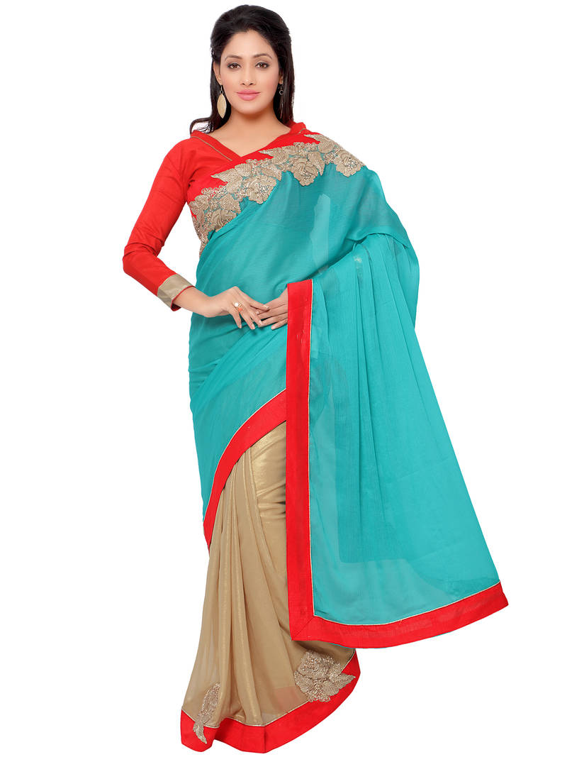 Blue embroidered chiffon saree with blouse