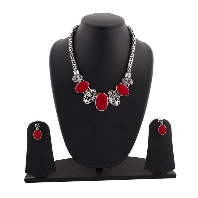 Oxide Silver and Red colour Necklace Set for Girls and Women