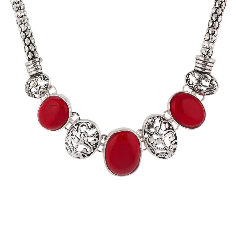 Oxide Silver and Red colour Necklace Set for Girls and Women