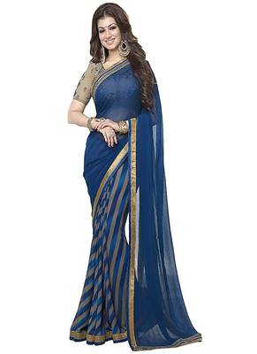 blue printed georgette saree with blouse 1