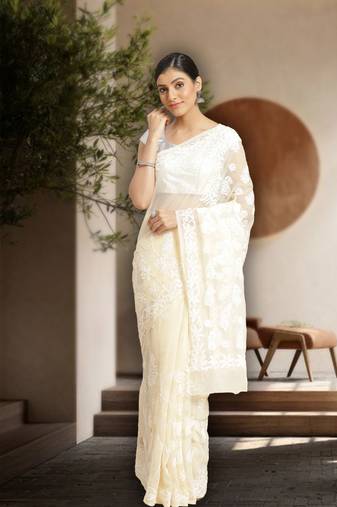 Handmade Fawn Georgette Lucknow Chikankari Indian Women Saree With Blouse