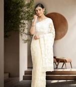 Handmade Fawn Georgette Lucknow Chikankari Indian Women Saree With Blouse