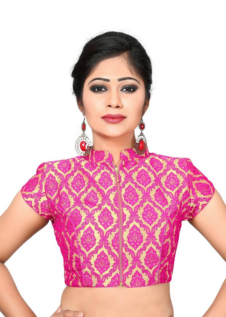 Pink Printed Brocade Collar Blouse Readymade-Blouse