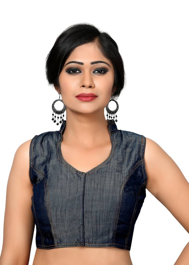 Blue Plain Denim Collar Blouse Readymade-Blouse